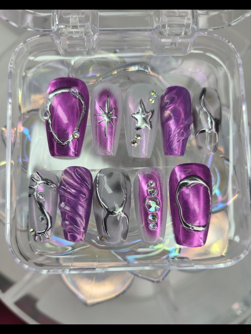 Handmade Purple Galaxy Press-On Nails with Silver Accents